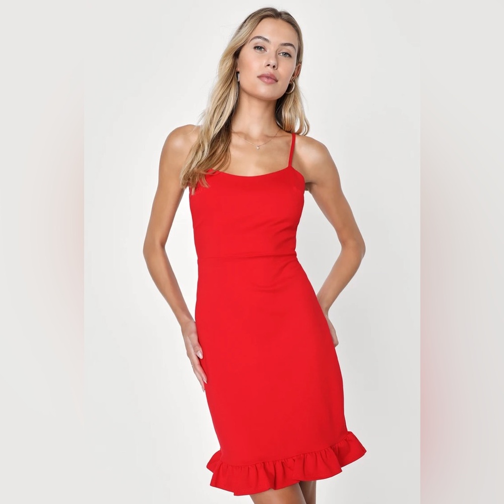 LILUs RED RUFFLED BODYCON MINI DRESS (HEMMED! size L)